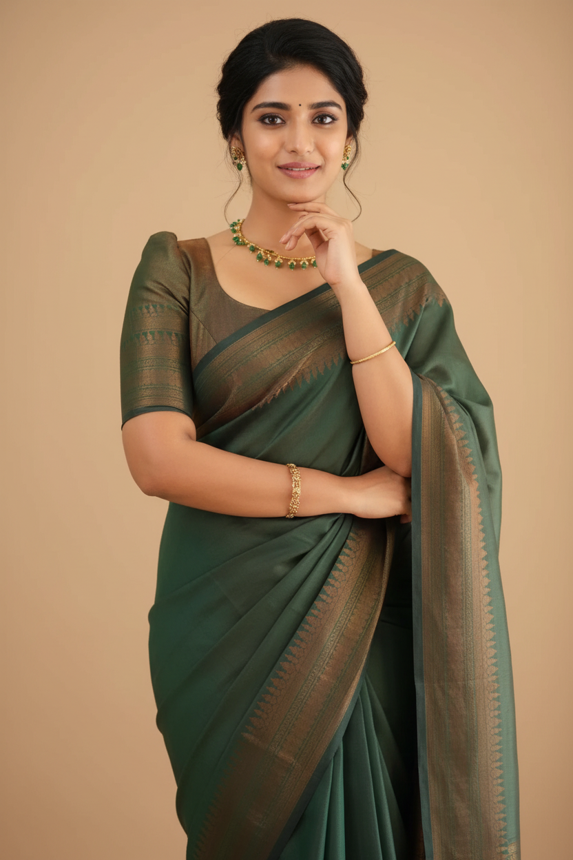 Snuggle Spot Women's Litchi silk Printed Saree With Unstitched Blouse (Green)