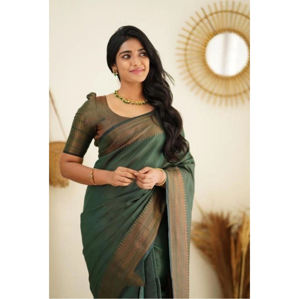 Snuggle Spot Women's Litchi silk Printed Saree With Unstitched Blouse (Green)