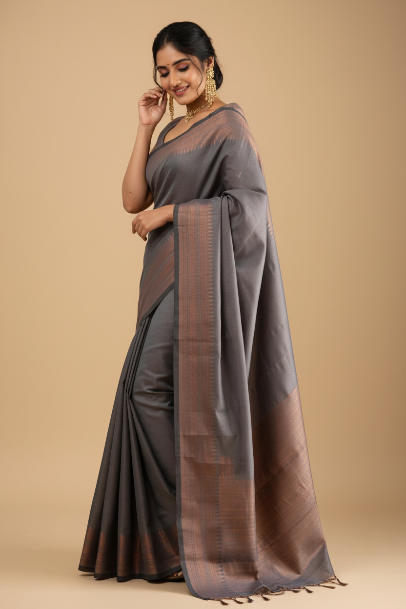 Snuggle Spot Women's Litchi silk Printed Saree With Unstitched Blouse (Grey)