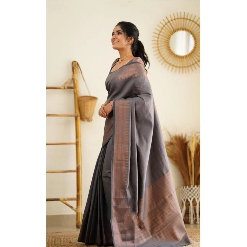 Snuggle Spot Women's Litchi silk Printed Saree With Unstitched Blouse (Grey)