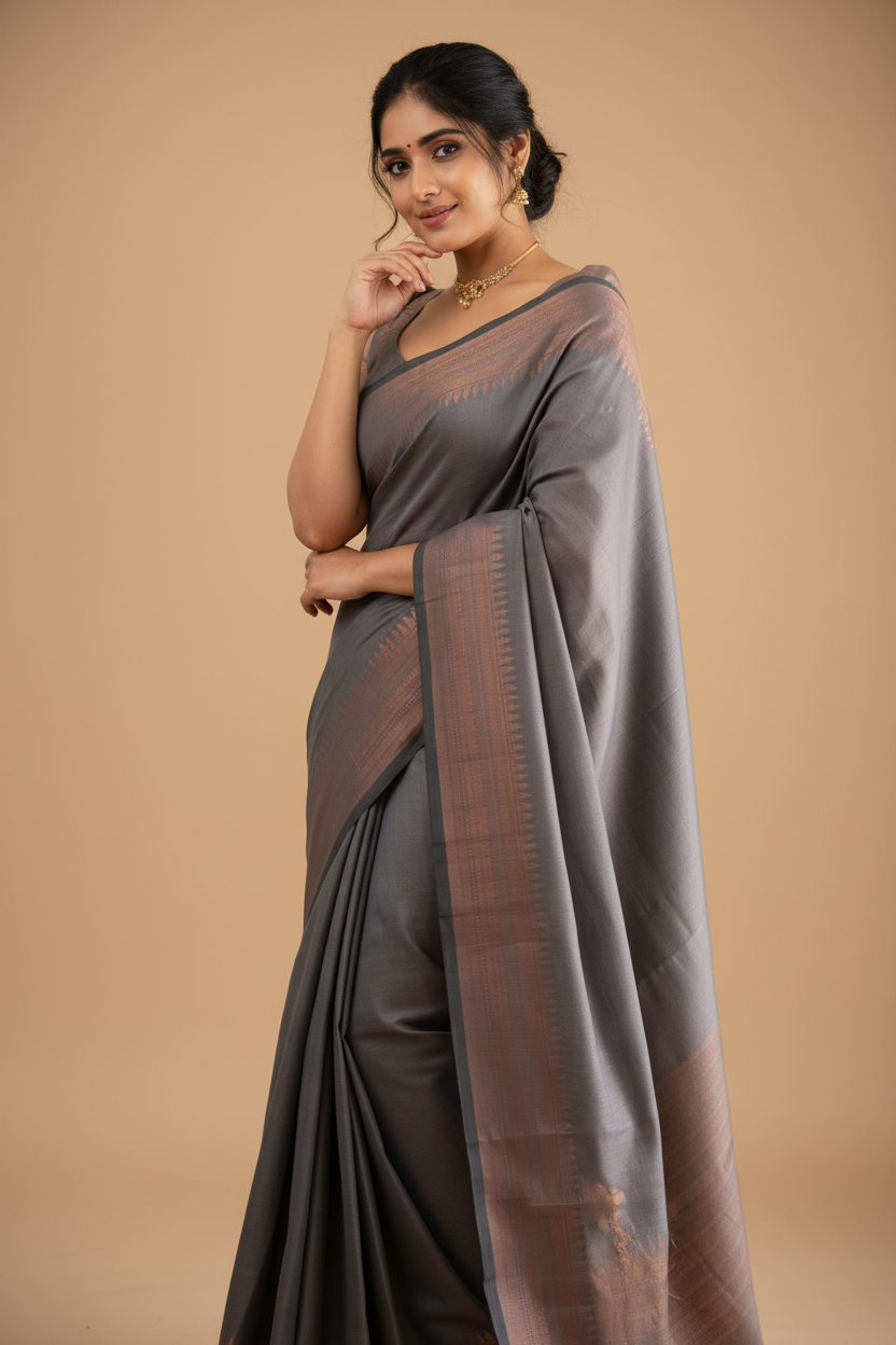 Snuggle Spot Women's Litchi silk Printed Saree With Unstitched Blouse (Grey)