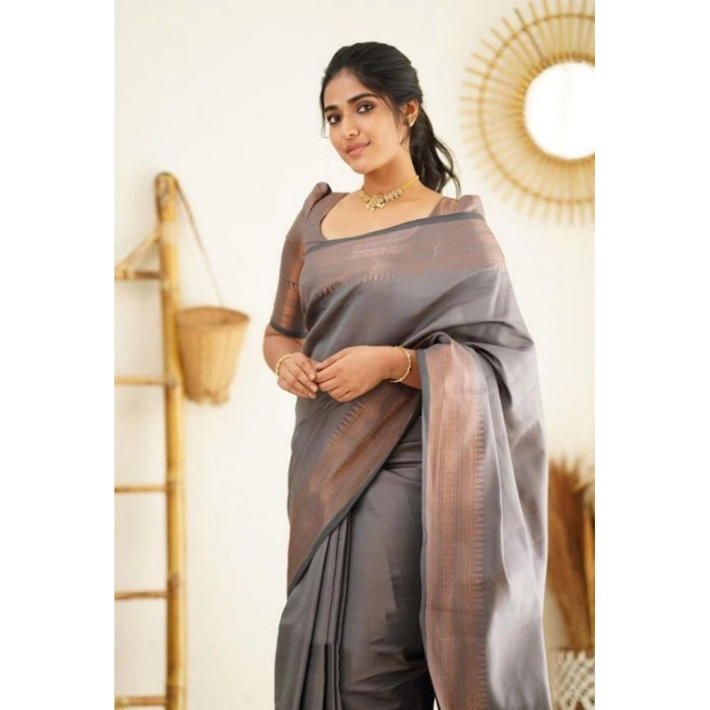Snuggle Spot Women's Litchi silk Printed Saree With Unstitched Blouse (Grey)