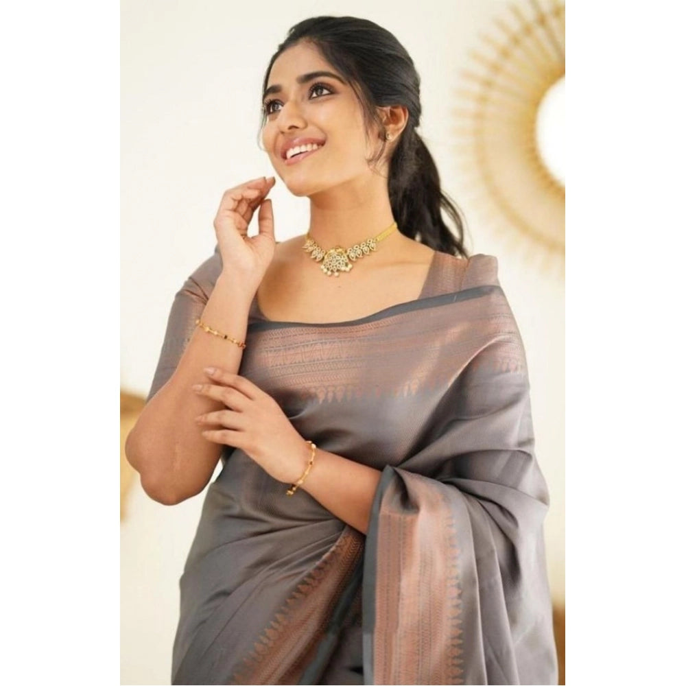 Snuggle Spot Women's Litchi silk Printed Saree With Unstitched Blouse (Grey)