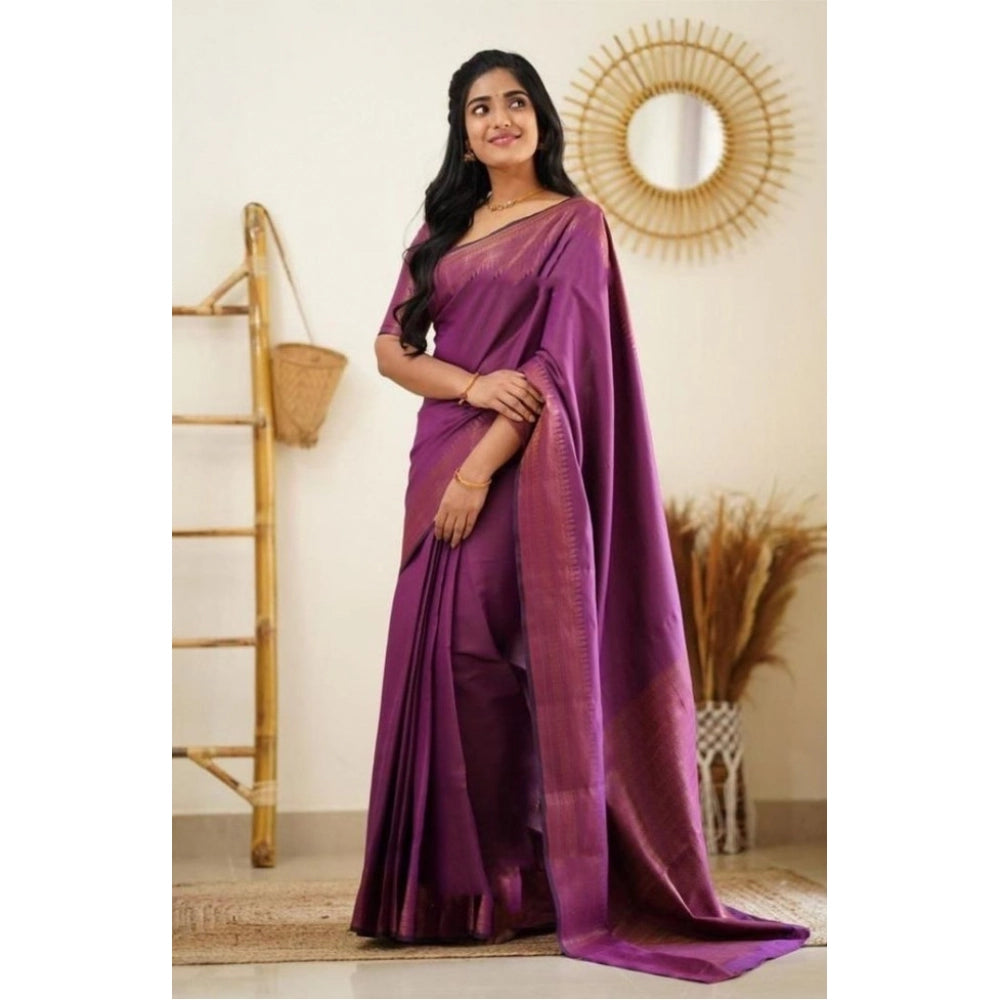 Snuggle Spot Women's Litchi silk Printed Saree With Unstitched Blouse (Purple)