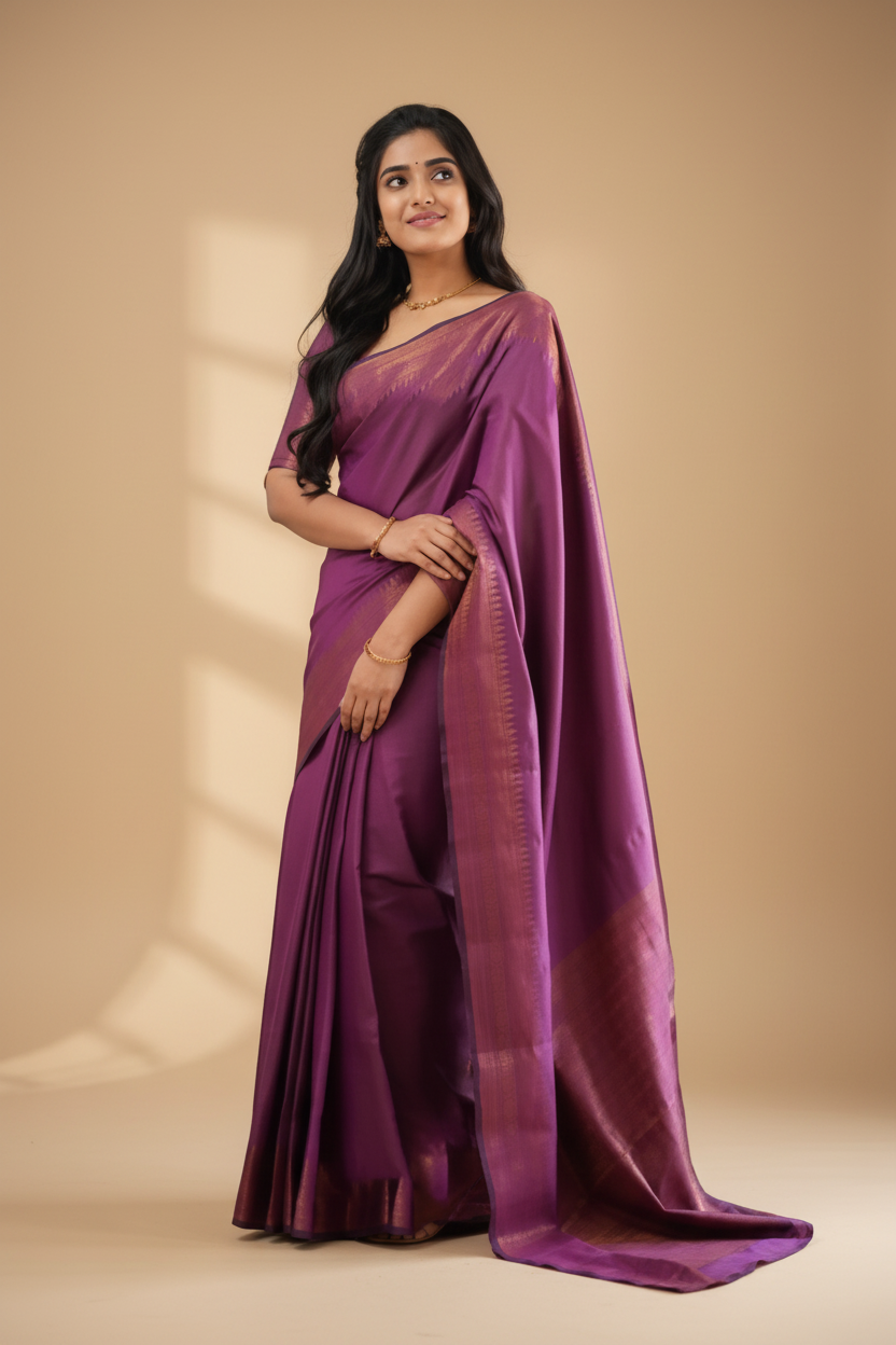 Snuggle Spot Women's Litchi silk Printed Saree With Unstitched Blouse (Purple)