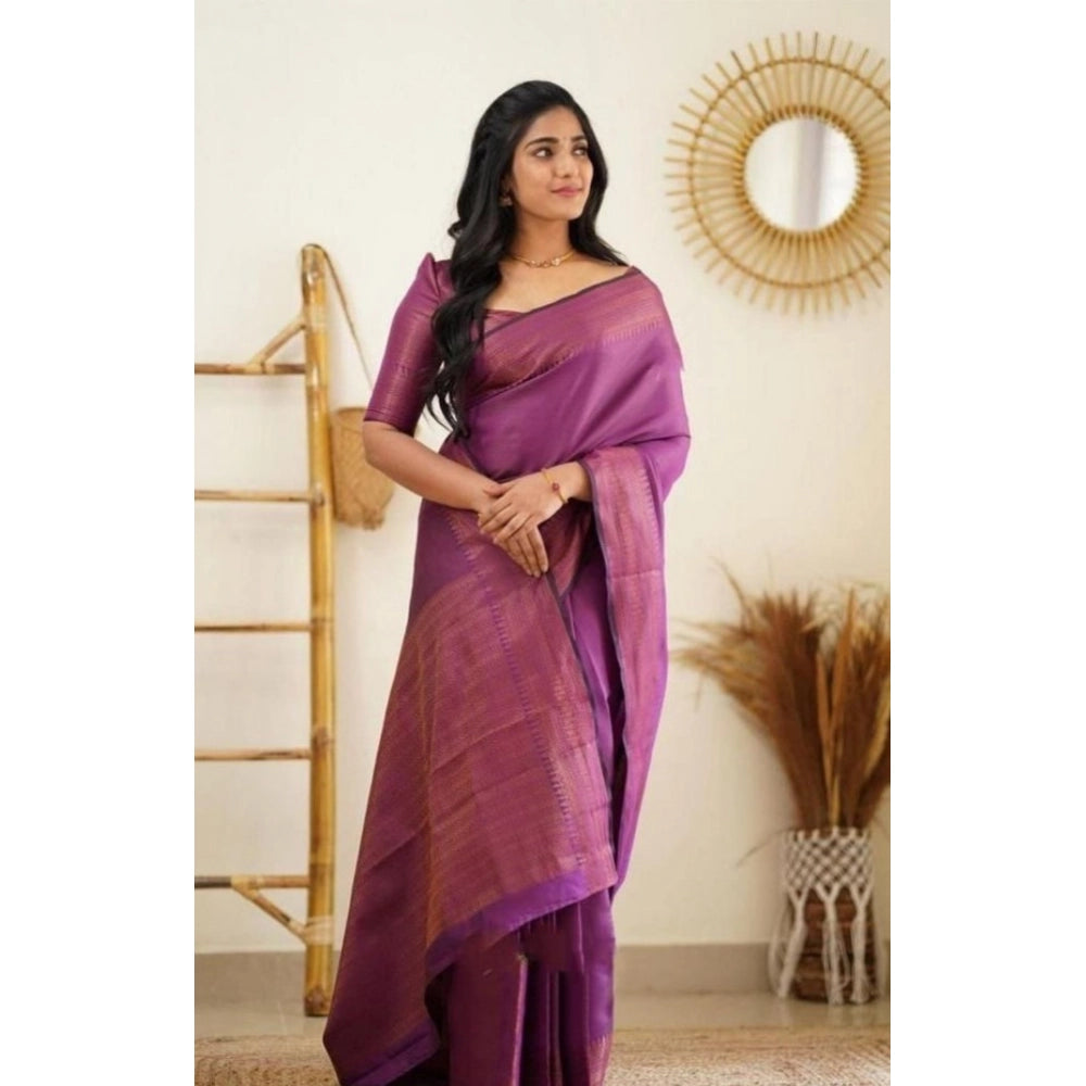 Snuggle Spot Women's Litchi silk Printed Saree With Unstitched Blouse (Purple)