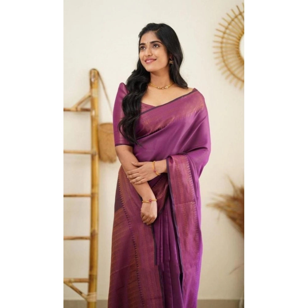 Snuggle Spot Women's Litchi silk Printed Saree With Unstitched Blouse (Purple)