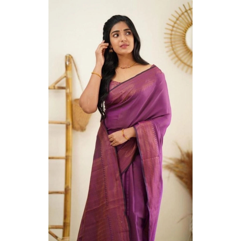 Snuggle Spot Women's Litchi silk Printed Saree With Unstitched Blouse (Purple)