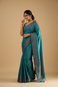 Snuggle Spot Women's Litchi silk Printed Saree With Unstitched Blouse (Rama Blue)