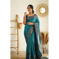 Snuggle Spot Women's Litchi silk Printed Saree With Unstitched Blouse (Rama Blue)