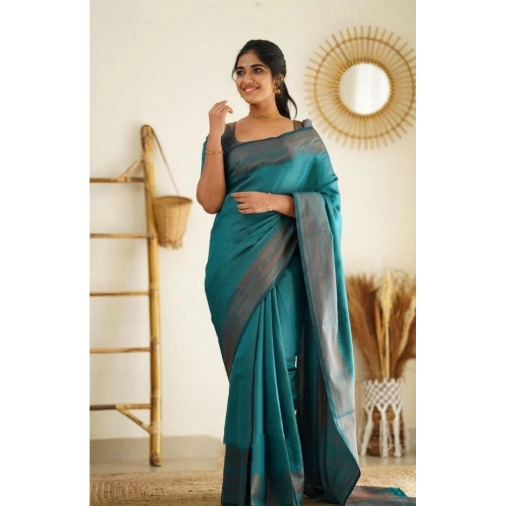 Snuggle Spot Women's Litchi silk Printed Saree With Unstitched Blouse (Rama Blue)