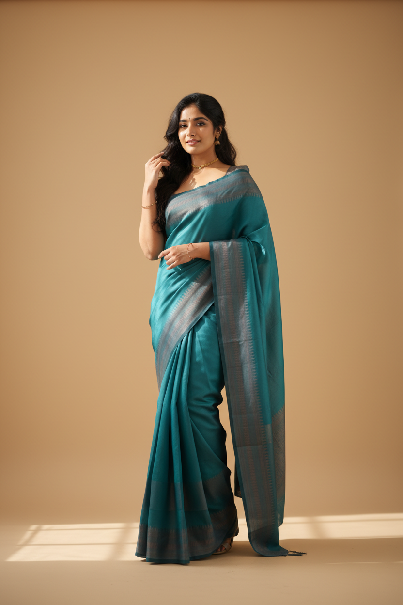 Snuggle Spot Women's Litchi silk Printed Saree With Unstitched Blouse (Rama Blue)