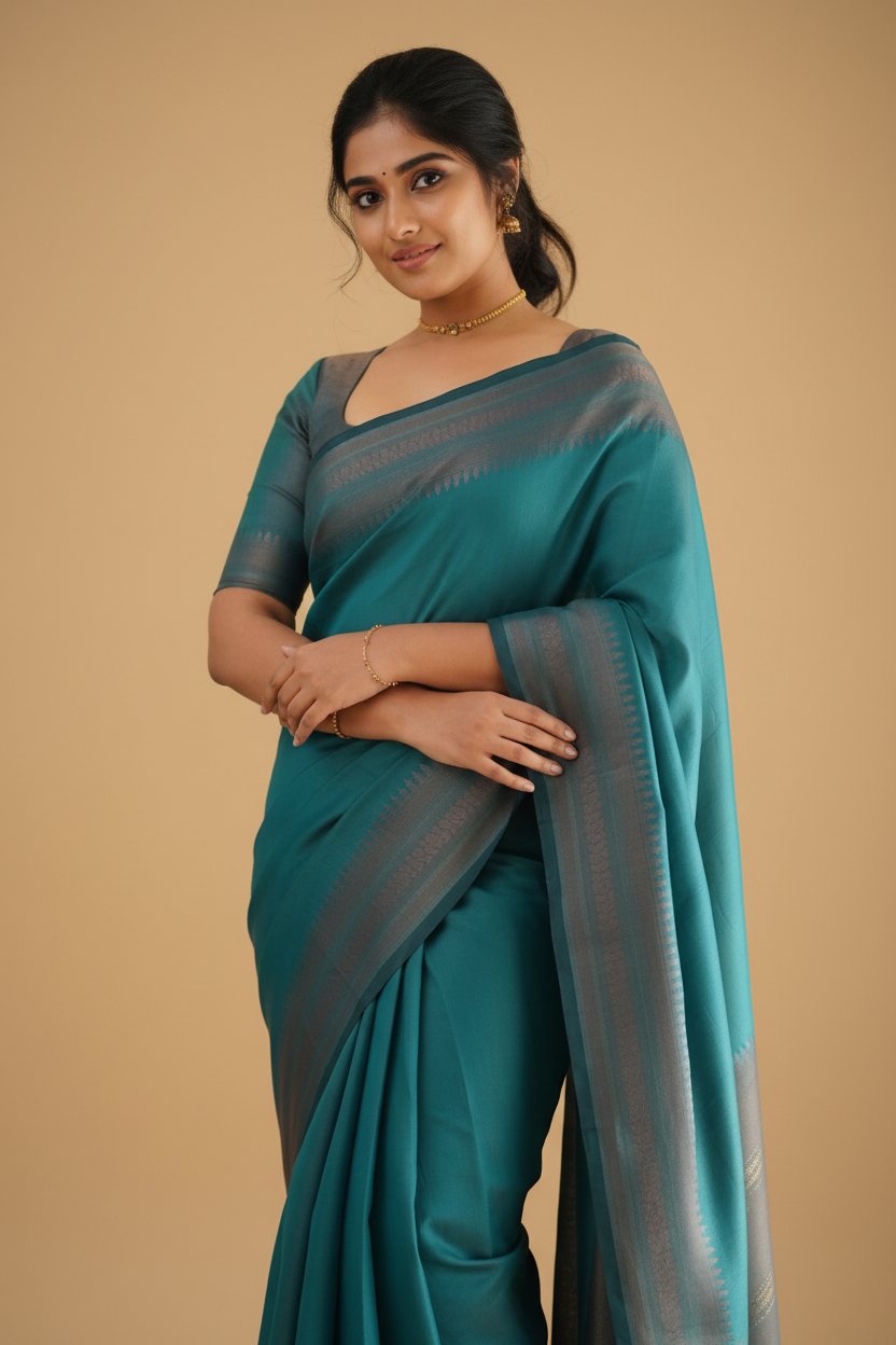 Snuggle Spot Women's Litchi silk Printed Saree With Unstitched Blouse (Rama Blue)