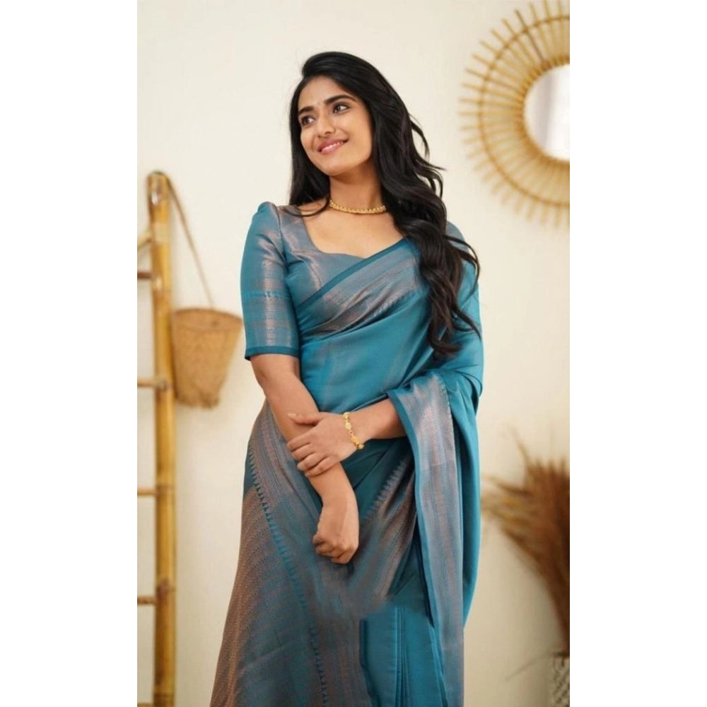 Snuggle Spot Women's Litchi silk Printed Saree With Unstitched Blouse (Rama Blue)