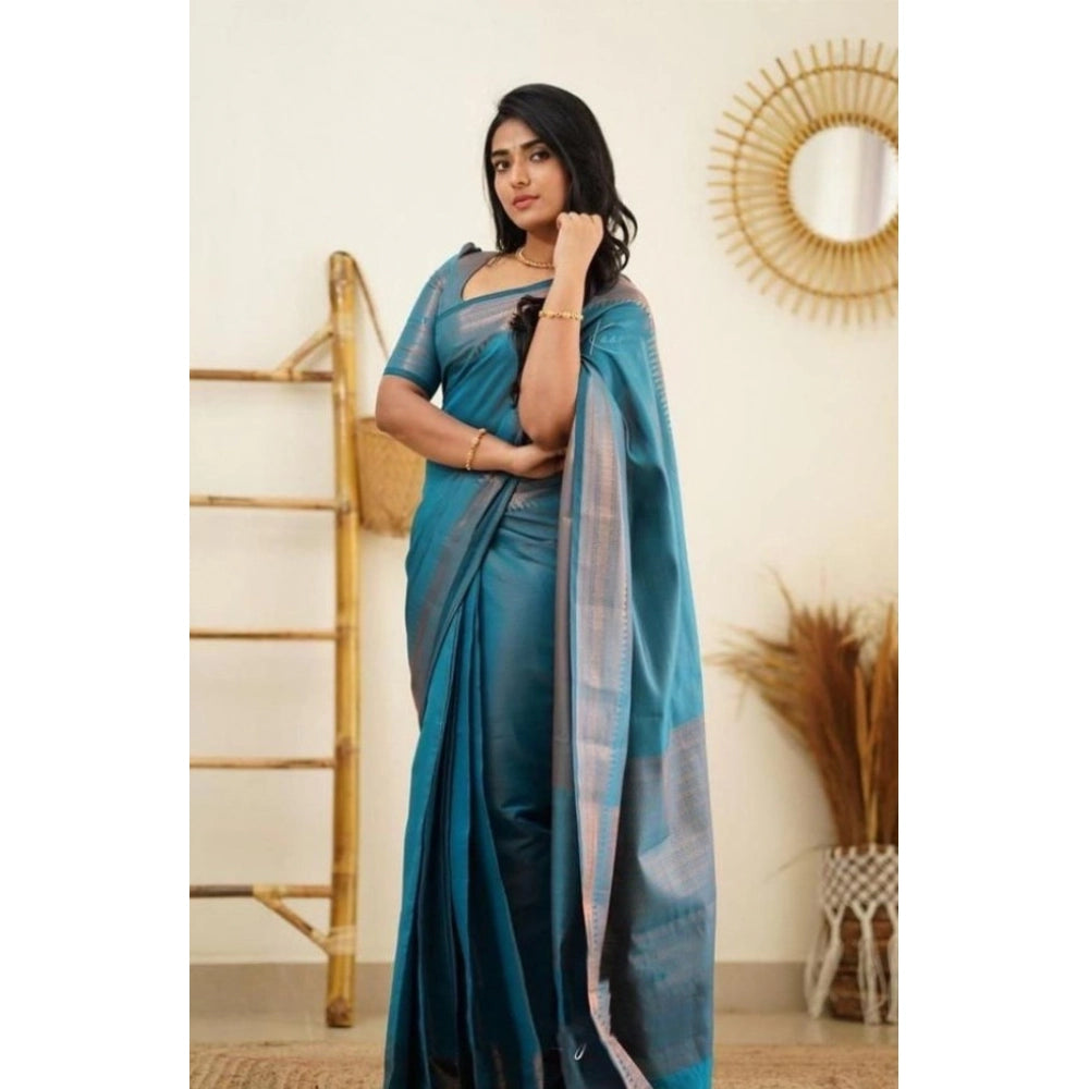 Snuggle Spot Women's Litchi silk Printed Saree With Unstitched Blouse (Rama Blue)