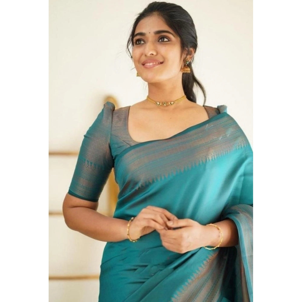 Snuggle Spot Women's Litchi silk Printed Saree With Unstitched Blouse (Rama Blue)