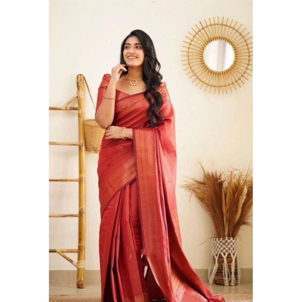 Snuggle Spot Women's Litchi silk Printed Saree With Unstitched Blouse (Red)
