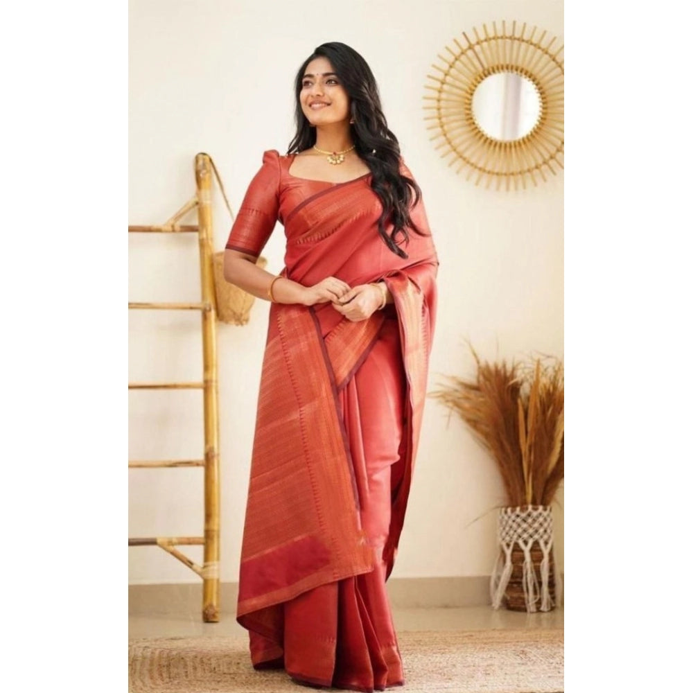 Snuggle Spot Women's Litchi silk Printed Saree With Unstitched Blouse (Red)