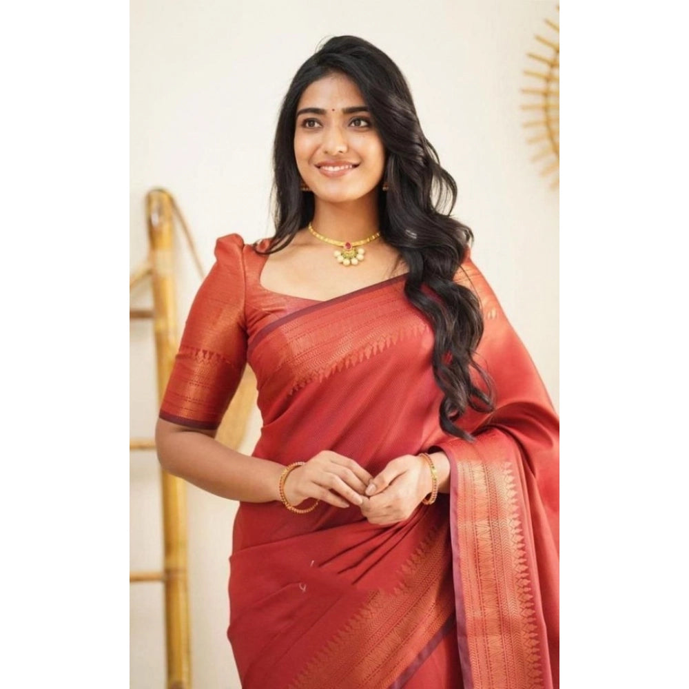 Snuggle Spot Women's Litchi silk Printed Saree With Unstitched Blouse (Red)