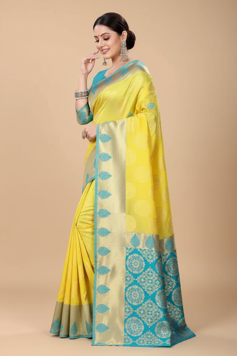 Snuggle Spot Women's Litchi silk Printed Saree With Unstitched Blouse (Yellow)