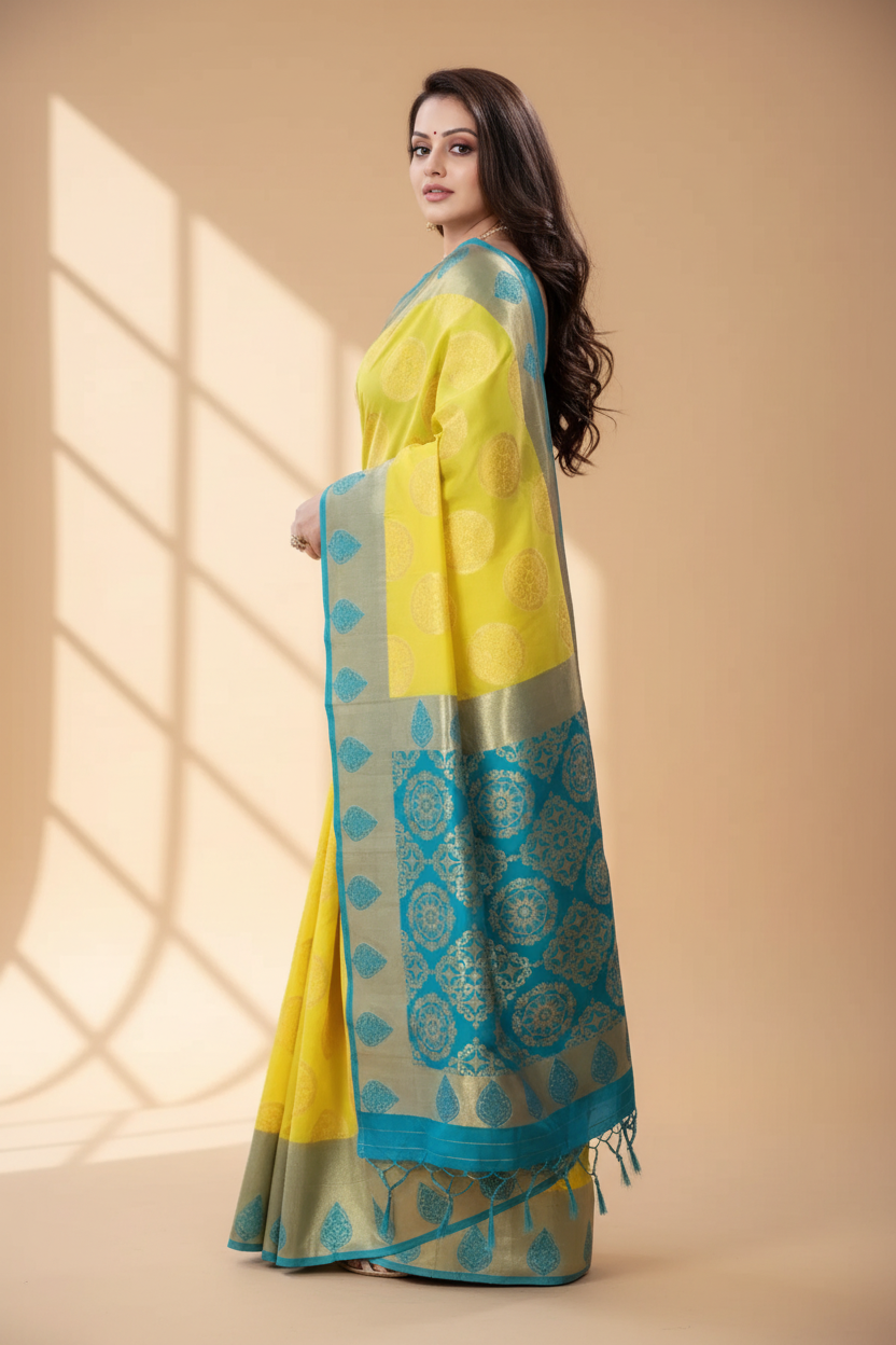 Snuggle Spot Women's Litchi silk Printed Saree With Unstitched Blouse (Yellow)