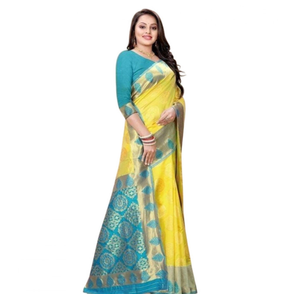 Snuggle Spot Women's Litchi silk Printed Saree With Unstitched Blouse (Yellow)