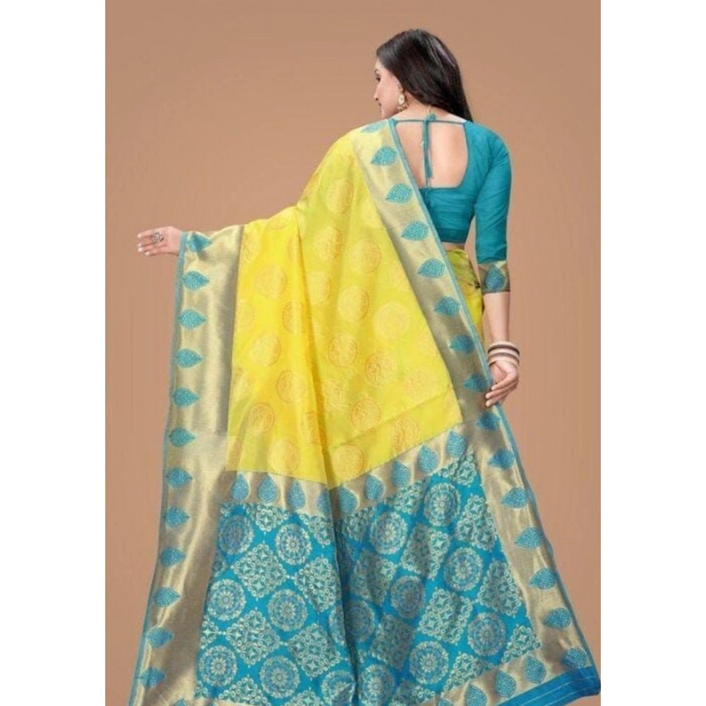 Snuggle Spot Women's Litchi silk Printed Saree With Unstitched Blouse (Yellow)