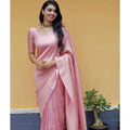 Snuggle Spot Women's Litchi silk Printed Saree With Unstitched Blouse (Light Pink)