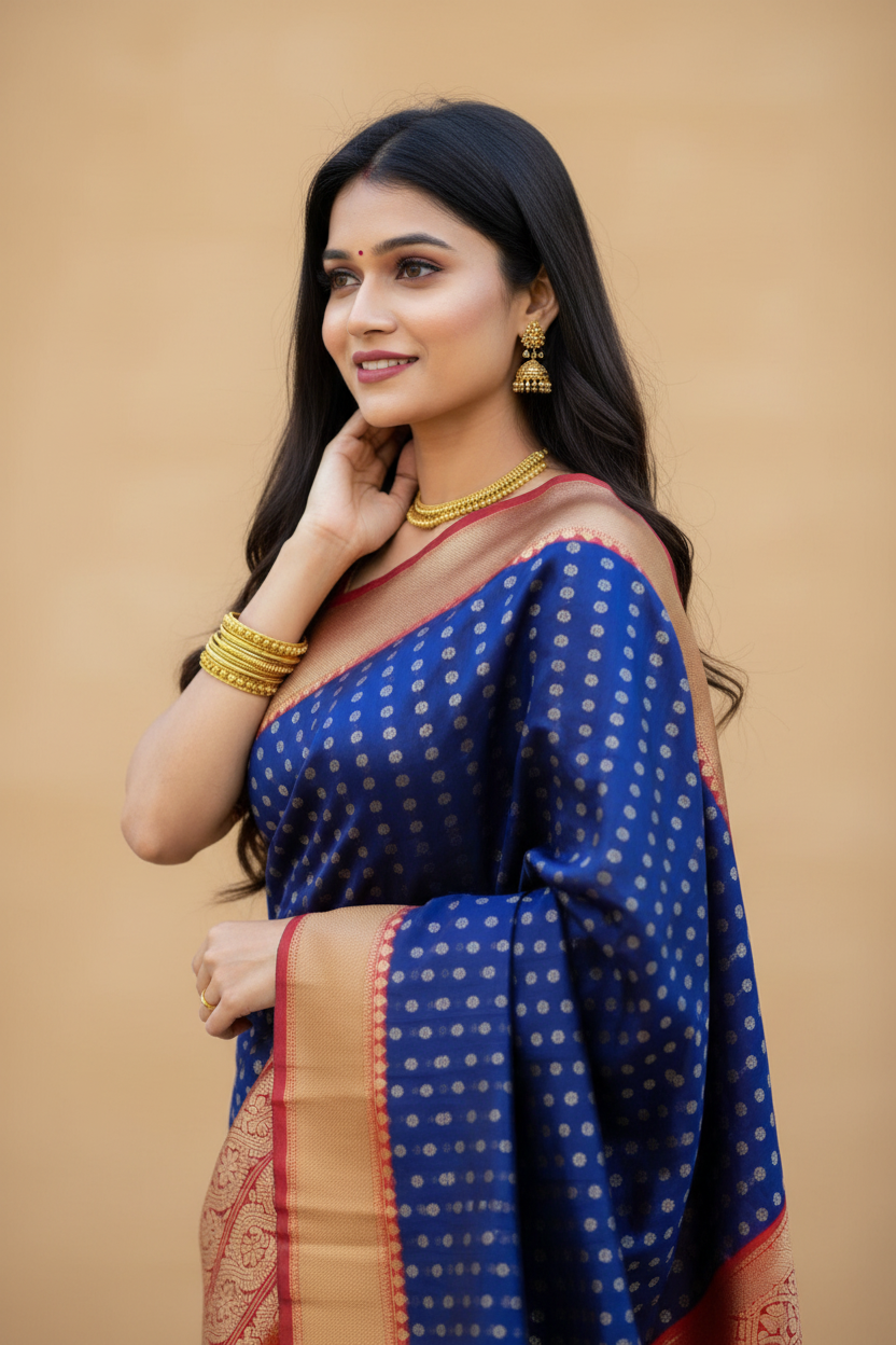 Snuggle Spot Women's Litchi silk Printed Saree With Unstitched Blouse (Blue)