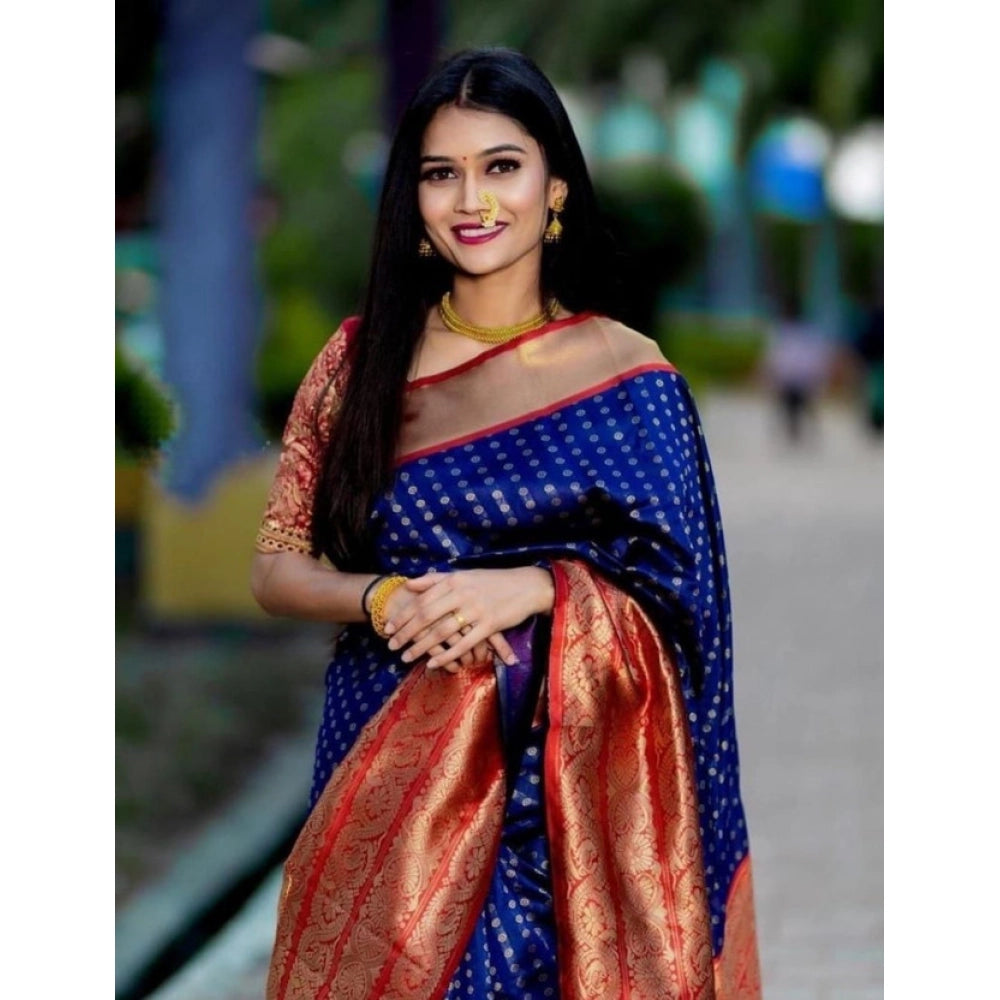 Snuggle Spot Women's Litchi silk Printed Saree With Unstitched Blouse (Blue)
