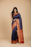 Snuggle Spot Women's Litchi silk Printed Saree With Unstitched Blouse (Blue)