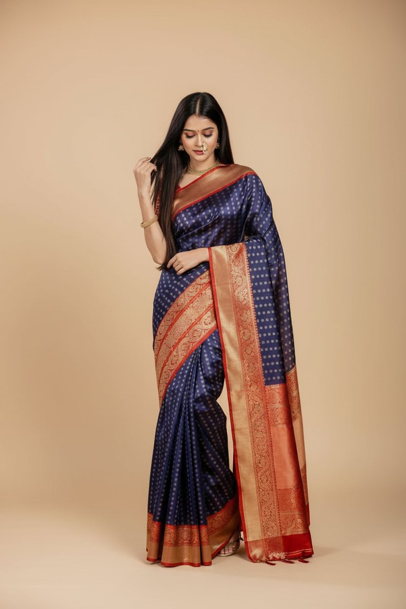 Snuggle Spot Women's Litchi silk Printed Saree With Unstitched Blouse (Blue)