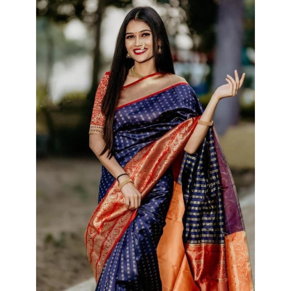 Snuggle Spot Women's Litchi silk Printed Saree With Unstitched Blouse (Blue)