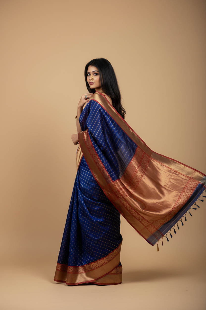 Snuggle Spot Women's Litchi silk Printed Saree With Unstitched Blouse (Blue)