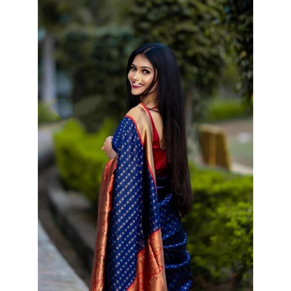 Snuggle Spot Women's Litchi silk Printed Saree With Unstitched Blouse (Blue)