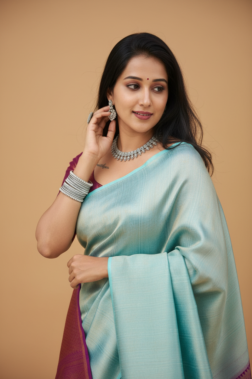 Snuggle Spot Women's Litchi silk Printed Saree With Unstitched Blouse (Blue)