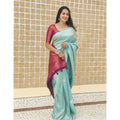 Snuggle Spot Women's Litchi silk Printed Saree With Unstitched Blouse (Blue)