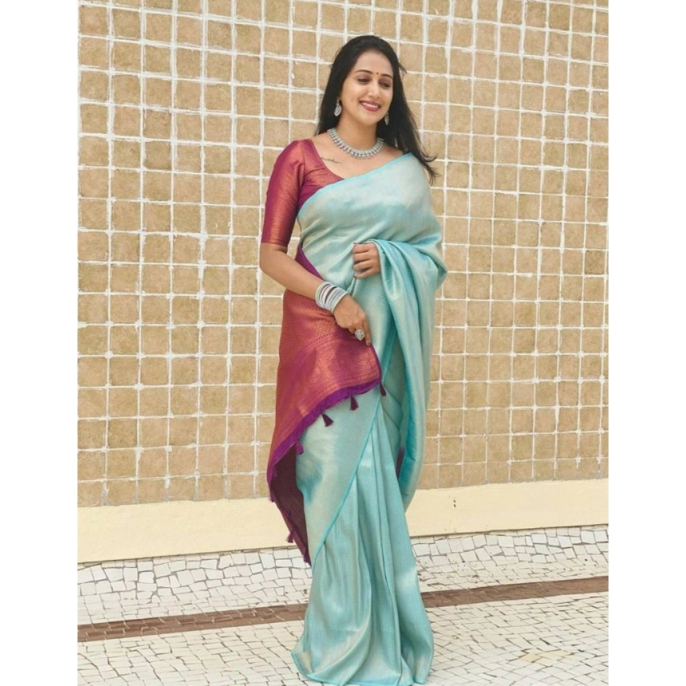 Snuggle Spot Women's Litchi silk Printed Saree With Unstitched Blouse (Blue)