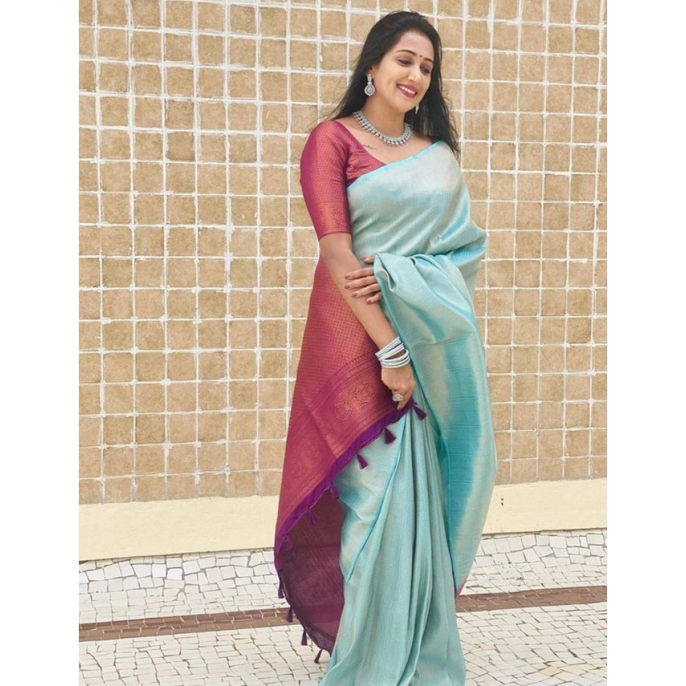 Snuggle Spot Women's Litchi silk Printed Saree With Unstitched Blouse (Blue)