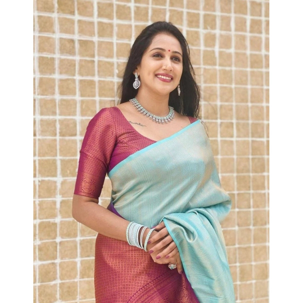 Snuggle Spot Women's Litchi silk Printed Saree With Unstitched Blouse (Blue)