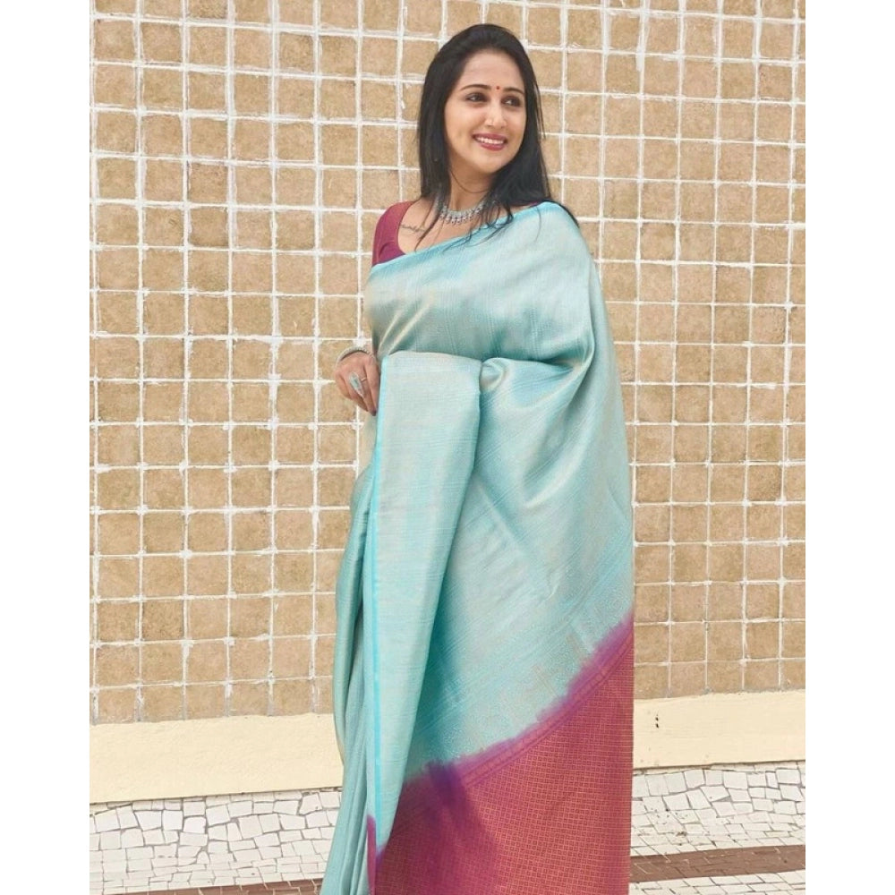 Snuggle Spot Women's Litchi silk Printed Saree With Unstitched Blouse (Blue)