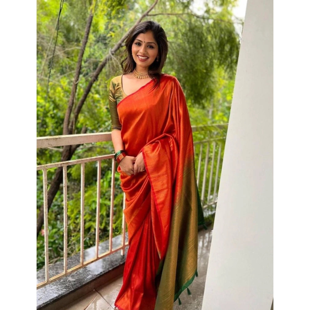 Snuggle Spot Women's Litchi silk Printed Saree With Unstitched Blouse (Red)