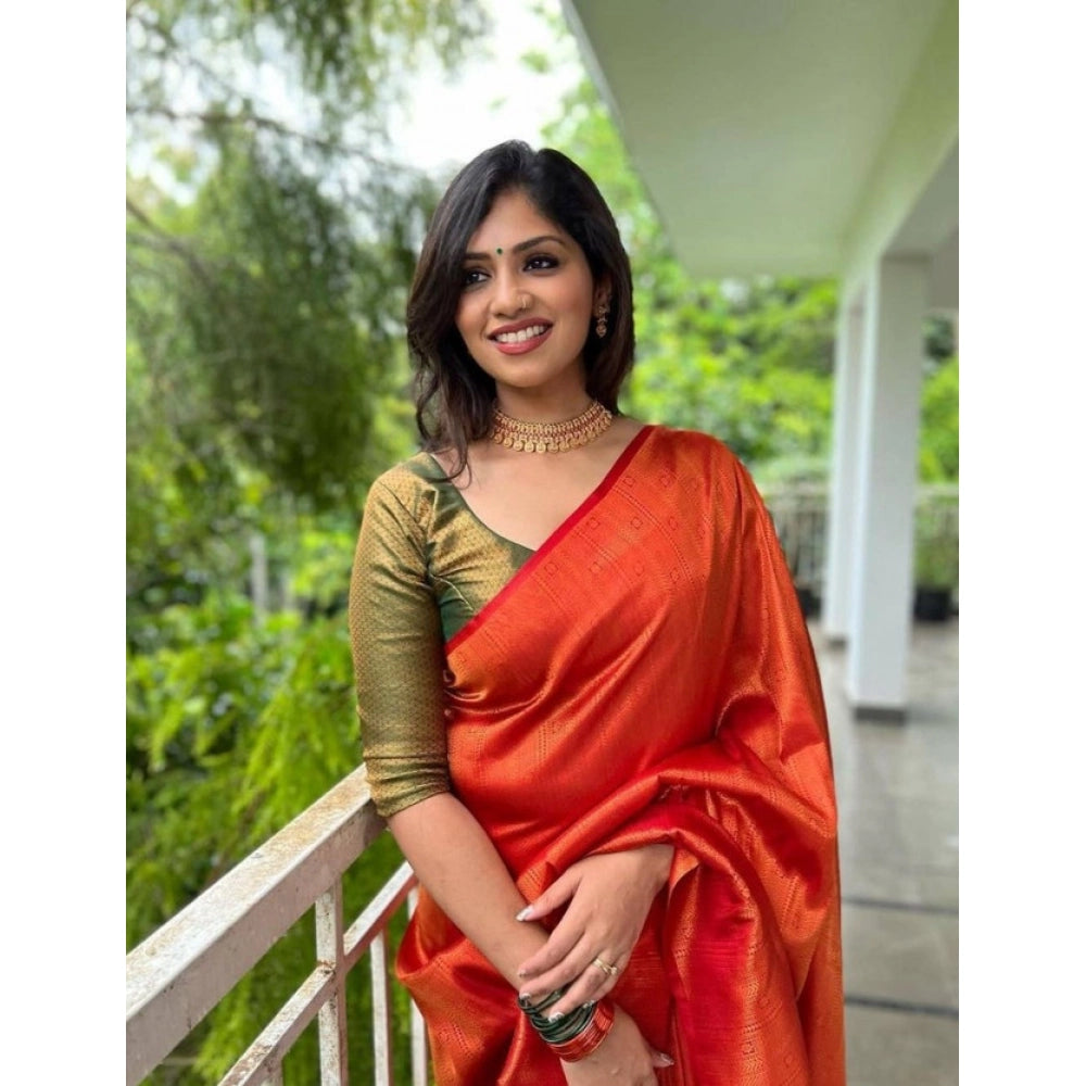 Snuggle Spot Women's Litchi silk Printed Saree With Unstitched Blouse (Red)