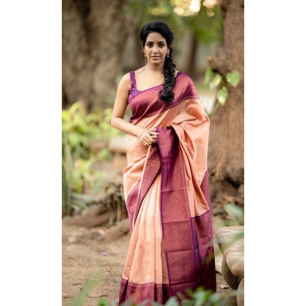 Snuggle Spot Women's Litchi silk Printed Saree With Unstitched Blouse (Beige)
