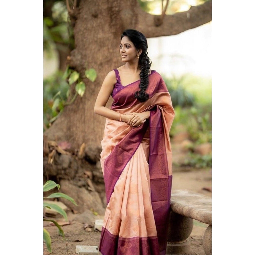 Snuggle Spot Women's Litchi silk Printed Saree With Unstitched Blouse (Beige)