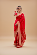 Snuggle Spot Women's Litchi silk Printed Saree With Unstitched Blouse (Red)