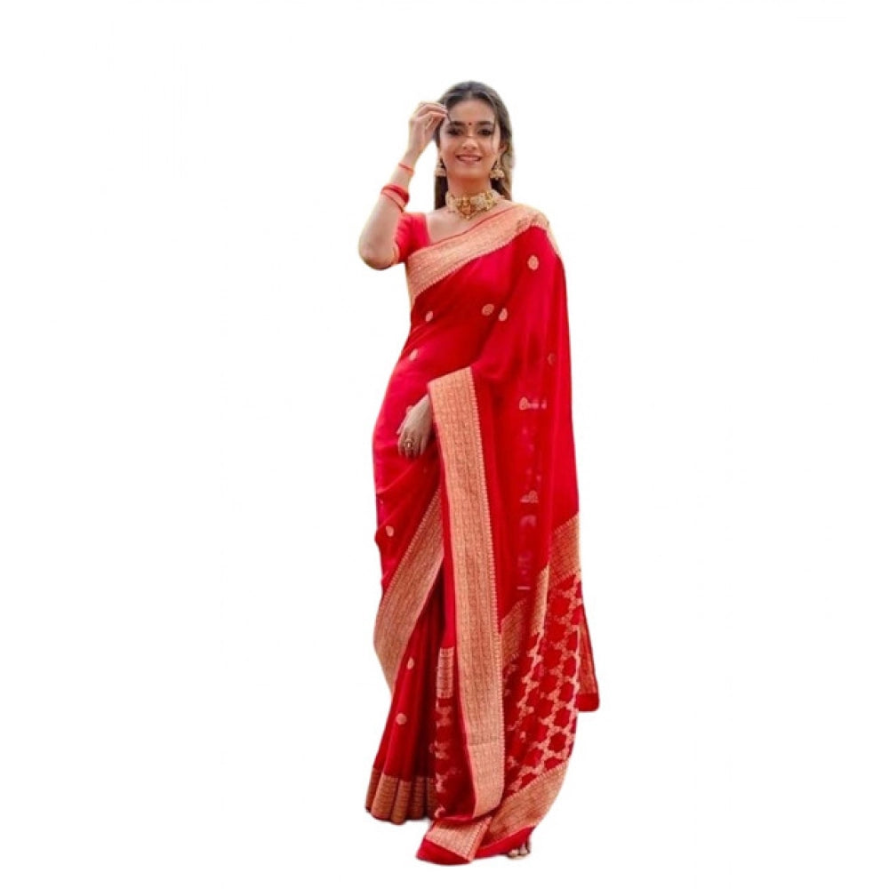 Snuggle Spot Women's Litchi silk Printed Saree With Unstitched Blouse (Red)