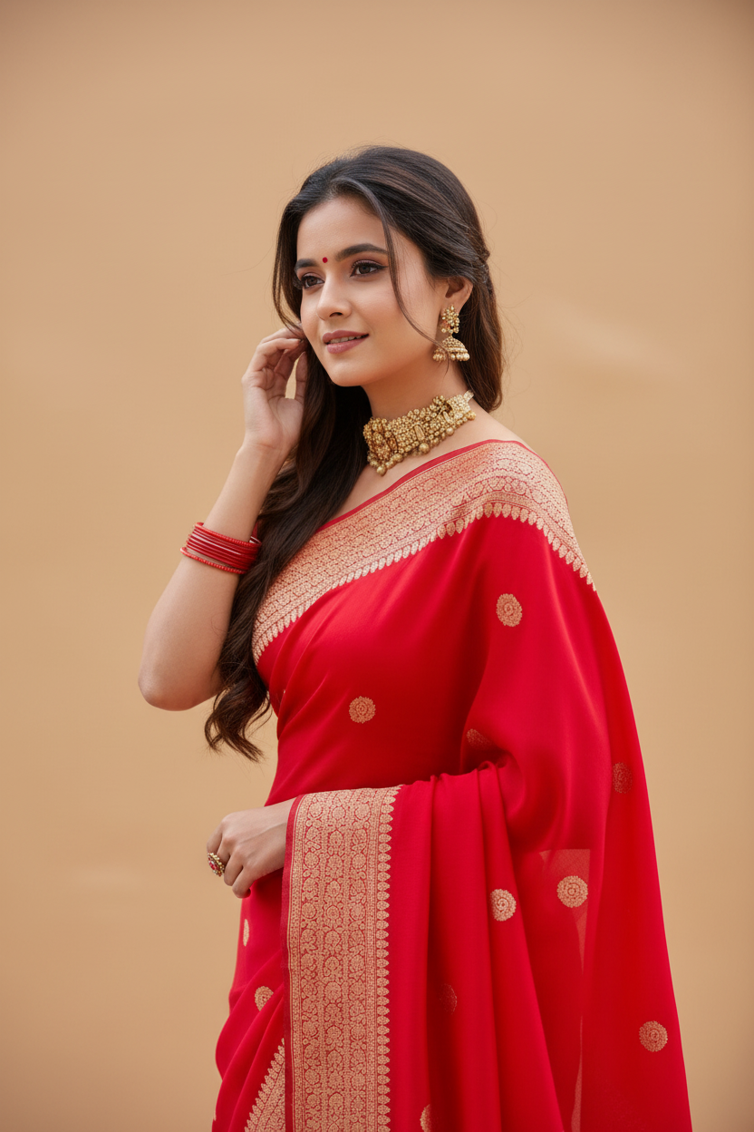 Snuggle Spot Women's Litchi silk Printed Saree With Unstitched Blouse (Red)