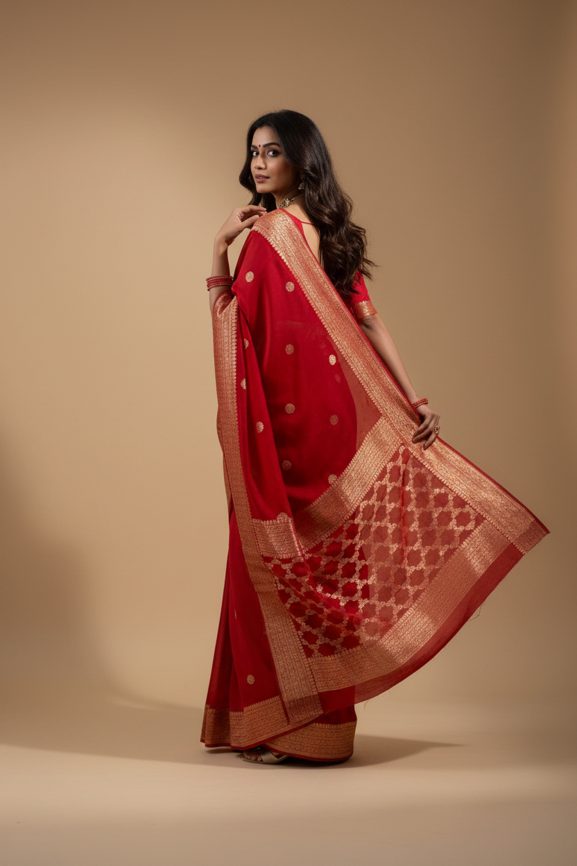 Snuggle Spot Women's Litchi silk Printed Saree With Unstitched Blouse (Red)