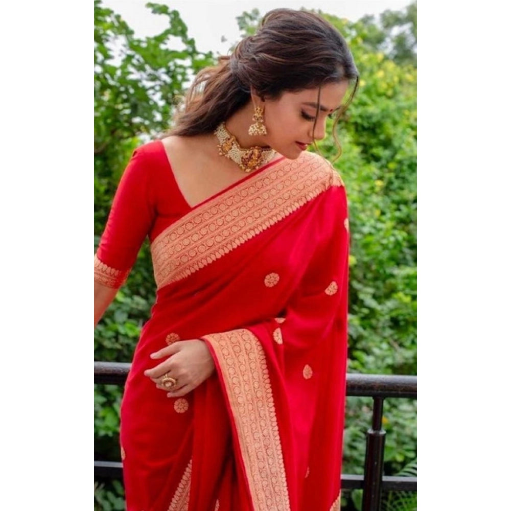 Snuggle Spot Women's Litchi silk Printed Saree With Unstitched Blouse (Red)